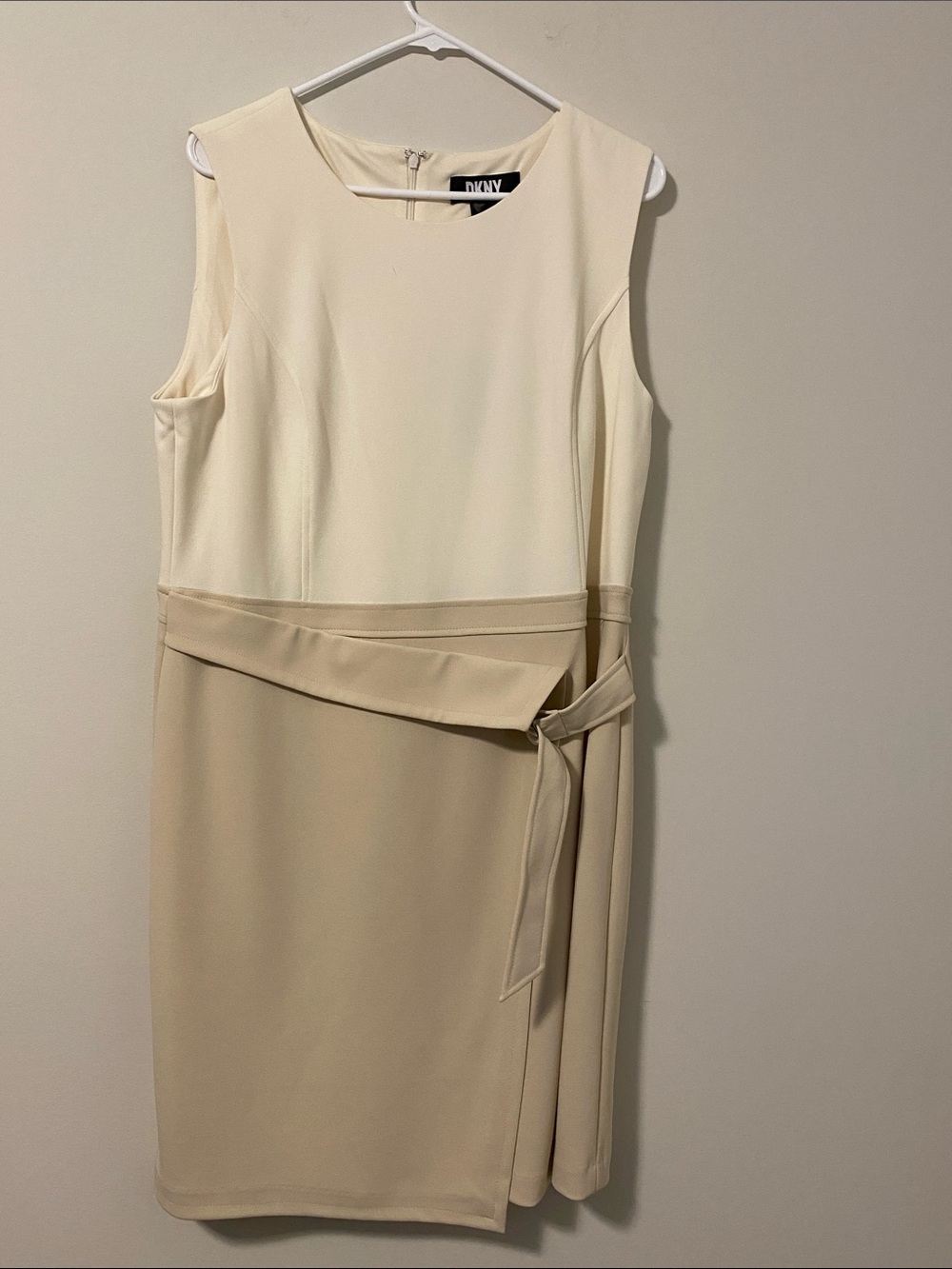 DKNY Two-Tone Cream and Beige Sleeveless Midi Sheath Dress